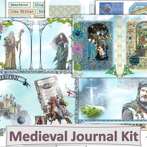 Mittelalterliche Journal Kit. Ritter, Burgen, Mädchen, mit freiem Ephemera. JPEG-Format druckbar.