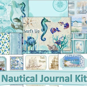 Printable Nautical Ships and Sea life Journaling Kit with Free Ephemera.  JPEG, PDF and PNG. Commercial Use