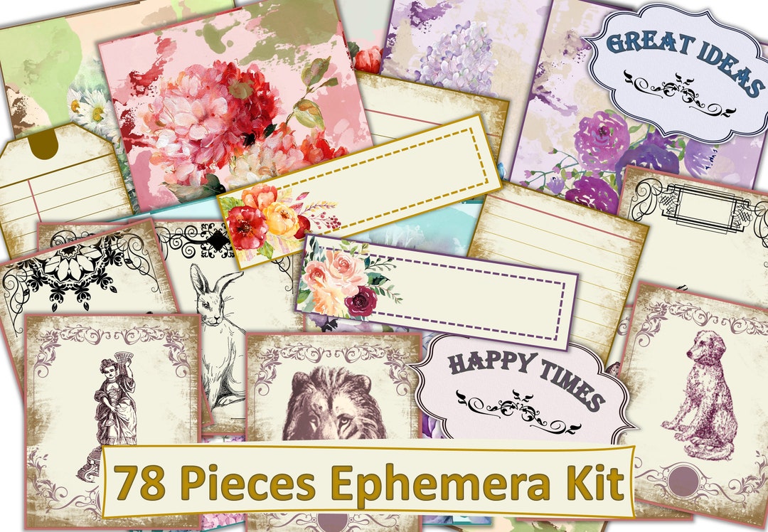 Printable Junk Journal or Scrapbook Ephemera Kit 78 Pieces With 8 Free ...