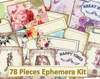 Afdrukbare Junk Journal of Scrapbook Ephemera Kit 78 stuks met 8 gratis achtergronden. PDF, JPEG