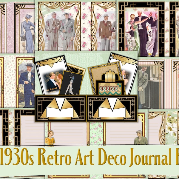 Printable 1930s Retro Vintage Journal Kit with free Ephemera. Art Deco Commercial use JPEG and PNG