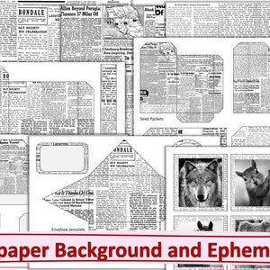Newspaper journal ephemera set Pockets, envelopes, tags, ATC Cards, seed packets plus free backgrounds JPEG PDF Png