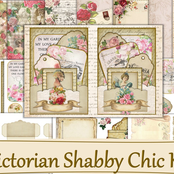 Victorian Shabby Chic Journal Kit Backgrounds, Ephemera, Pockets. JPEG, PDF PNG Commercial Use