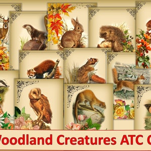 Woodland Creatures Vintage ATC Karten, Journal Ephemera, Scrapbook Karten mit gratis Trägerpapier. 16 Karten JPEG und PDF