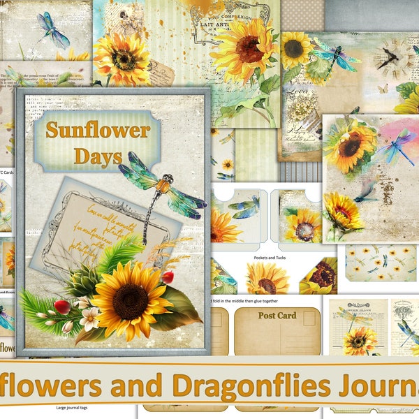 Printable Sunflowers and Dragonflies Junk Journal Kit. 22 Pages, Feature Pages, Backgrounds, Ephemera. JPEG and PDF