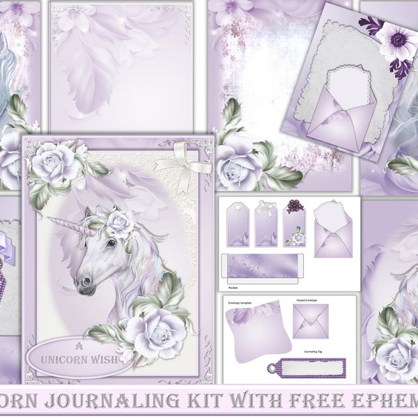 Unicorn Journaling Kit Printable 12 pages with Free Ephemera. Commercial Use