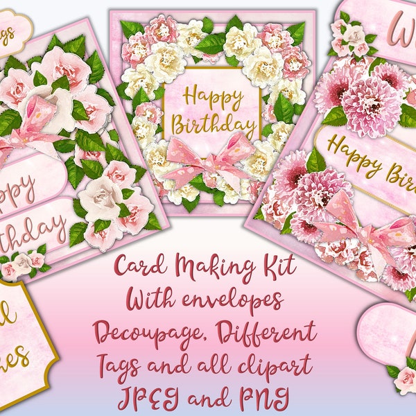 Card Making Kit. Watercolour decoupage, multiple designs. Mix and match. JPEG and PNG