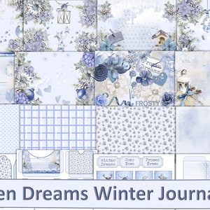 Printable Frozen Dreams Junk Journal Kit. Winter backgrounds and ephemera JPEG and PDF.