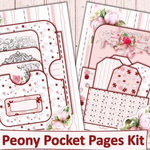 Druckbare rosa Pfingstrose Tasche Folio. Gefüllte Taschen für Junk Journaling. Kommerzielle Nutzung JPEG und PNG