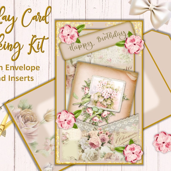 Afdrukbare Shabby Chic Card Making Kit met inzetstukken en envelop. PNG en JPEG