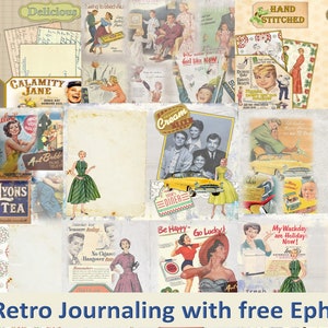 Printable Journaling Kit 1950s Retro Vintage with Free Ephemera. All clipart included. JPEG, PDF and PNG. Commercial Use