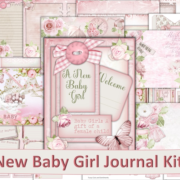 Printable New Baby Girl Journal Kit with Free Ephemera. 24 pages to print. JPEG and PDF