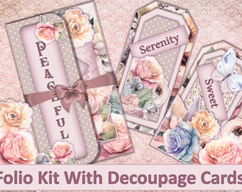 Printable Shabby Journal Folio Kit. Backgrounds, tags, pockets, backgrounds, Note cards gift tags, JPEG and PDF