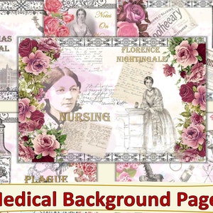 Printable Medical Nursing Florence Nightingale Collage backgrounds A4 8.5" x 11". JPEG and PDF. Commercial Use