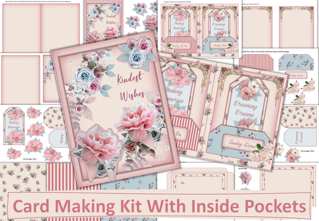 Printable Card Making Kit, Decoupage, Inside Pockets and Tags. JPEG