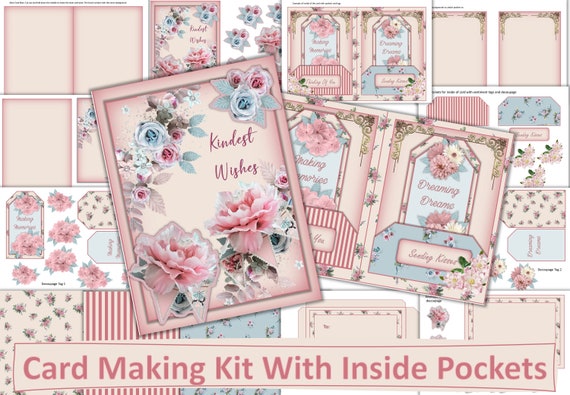 Printable Card Making Kit, Decoupage, Inside Pockets and Tags. JPEG, PDF  and PNG 