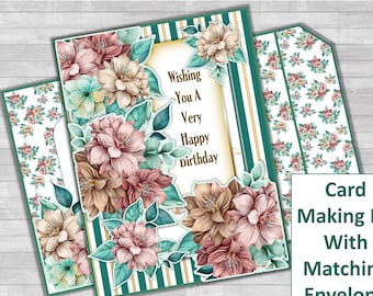 Card making kit with various sentiments decoupage inserts and envelope Floral design Papercraft kids crafts Digital card kit JPEG and PDF