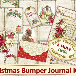 Printable Christmas Bumper Junk Journal Kit. Backgrounds, Pockets, Tags, Ephemera, Fussy Cuts. JPEG and PDF 45 Pages