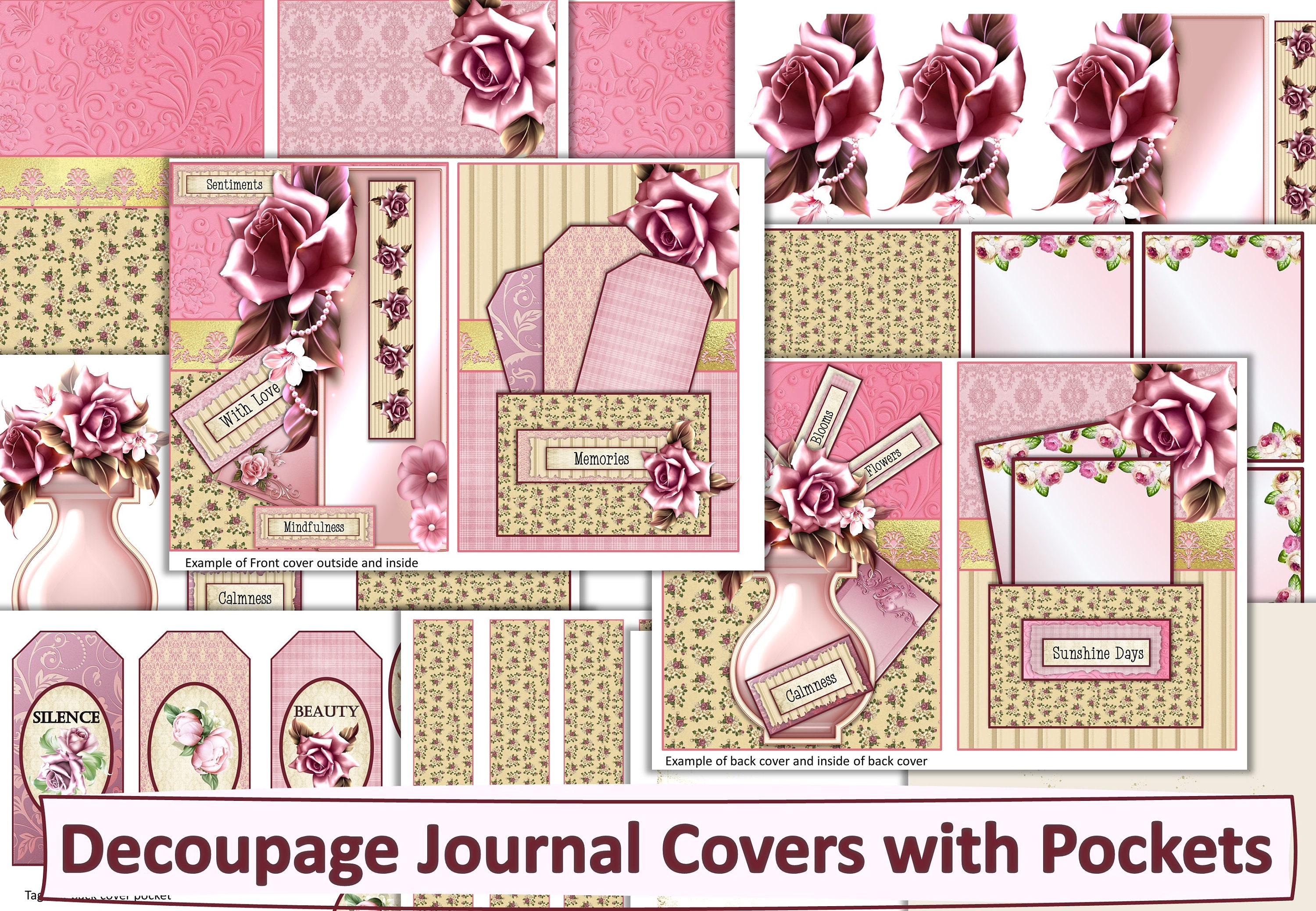Decoupage Journal Front and Back Covers With Pockets and Note Etsy