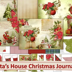 Printable Santa House Christmas journal kit with free  ephemera. JPEG PDF, PNG Commercial Use A4 Letter size. 32 Pages
