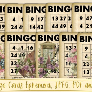 10 Vintage Bingo Cards Journal Ephemera with free pocket templates. JPEG, PDF and PNG. Commercial Use