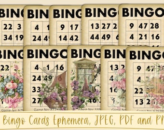 10 Vintage Bingo Cards Journal Ephemera with free pocket templates. JPEG, PDF and PNG. Commercial Use