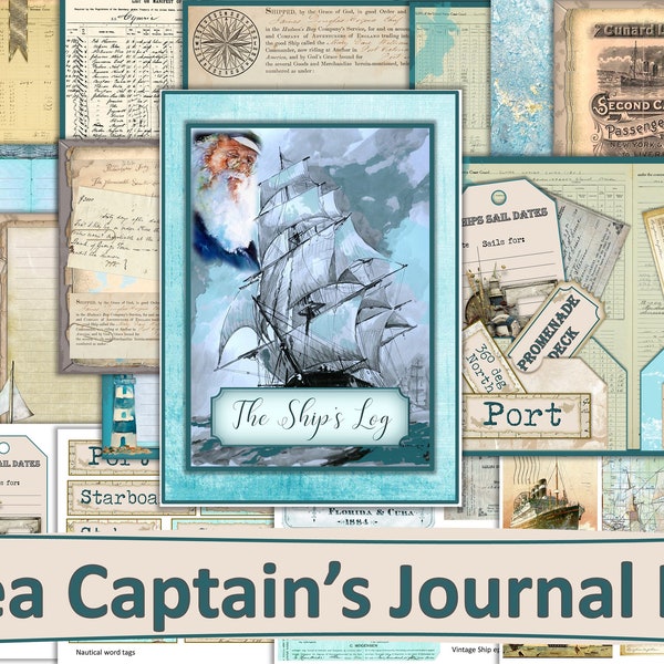 Printable Nautical Journaling Kit 5 with Free Ephemera. The Ships Log. 21 pages  JPEG, PDF Commercial Use