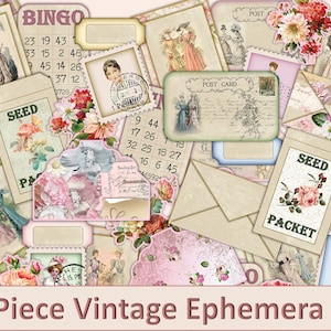 Printable Vintage Ephemera Kit,  Stamps, fussy cuts, pockets, Atc Cards, envelopes etc. 56 Pieces, Journals and Scrapbook JPEG, PDF and PNG