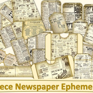 Vintage Newspaper Ephemera Kit Pockets, cards, tags, seed packets, large tags, background. JPEG PDF and PNG. Commercial Use