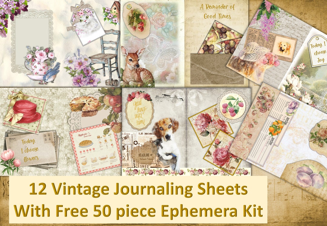 Vintage Journaling Backgrounds Pack of 12 With a Set of FREE 50 Piece ...