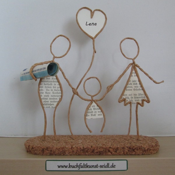 Wire figures "Family" for money gifts, customizable / personalizable with desired text in the heart, as a gift e.g. for birth / baptism