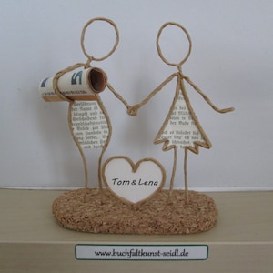 Wire figure "Couple with heart" as a cash gift, e.g. for a wedding, personalizable / customizable with desired text in the heart