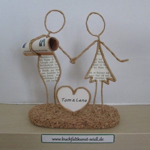 Figura de alambre "Pareja con corazón" como regalo en efectivo, p. ej. Para una boda, personalizable con el texto deseado en el corazón.