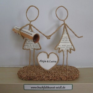 Figura de alambre "pareja de lesbianas con corazón" como regalo monetario, p. ej. para una boda, personalizable con el texto deseado en el corazón
