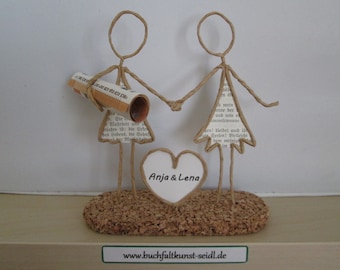 Wire figure "lesbian couple with heart" for money gift/voucher, personalizable/customizable, for birthday/wedding/anniversary