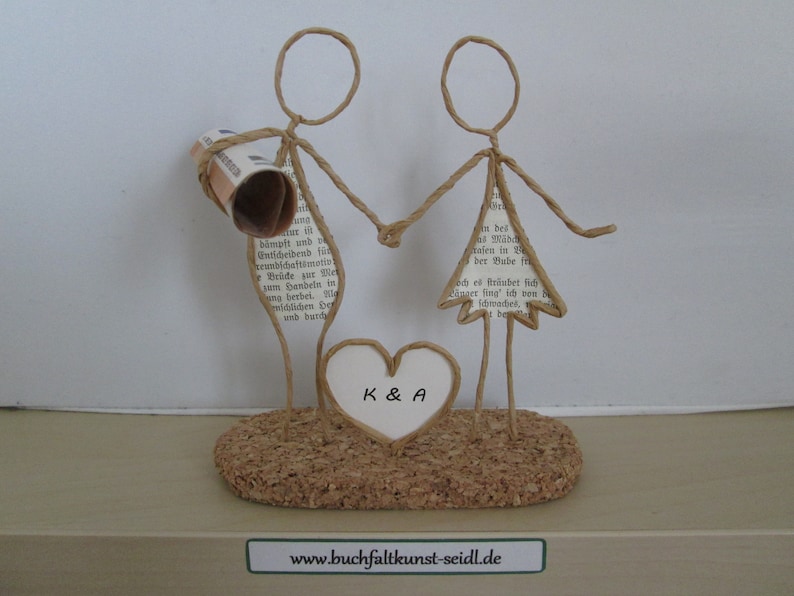 Wire figure Couple with heart as a monetary gift, e.g. for a wedding, personalizable / customizable with desired text in the heart image 2