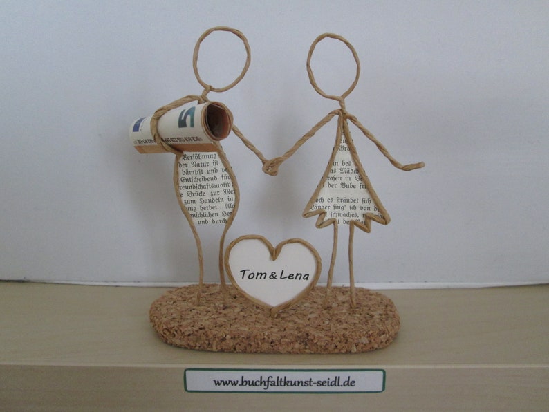 Wire figure Couple with heart as a monetary gift, e.g. for a wedding, personalizable / customizable with desired text in the heart image 1