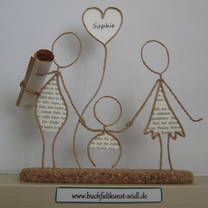 Draadfiguren "Familie" als geldgeschenk, aanpasbaar / personaliseerbaar met gewenste tekst in het hart, als geschenk bijvoorbeeld voor geboorte / doop