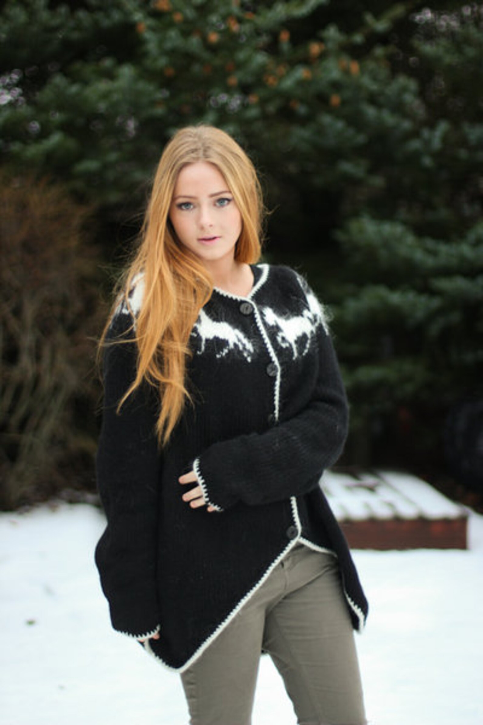 Horse-Pattern Wool Blend Fringe Cardigan