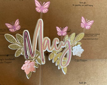 Butterflies and flowers cake topper | Cake decoration | Pink and gold | Handmade | 3D | Keepsake | Personalised cake topper | Floral topper