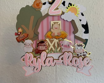 Cute farm cake topper | Farm animals cake decoration | Personalised |  Farm Animals Birthday Party decorations | 3D | Handmade | Pink