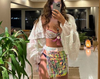 Holographic Skirt, Holographic Sequin, Iridescent outfit, disco outfit, sexy partywear, womens sexy outfit, festival set, sexy sequin outfit