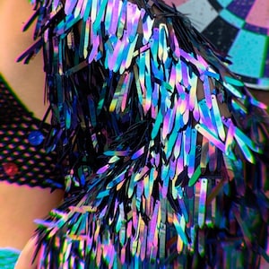 Jas met pailletten zwaard, iriserende kimono, holografische kimono met pailletten, ravejas, paillettenstofdoek, festivaljas, blazer met pailletten, ravewear, top