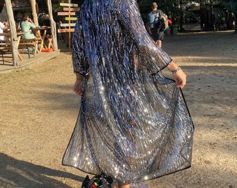 Silver Rain Drops silver sequin cape silver tinsel jacket silver fringe jacket space cowboy jacket gay fashion costume burning man outfit