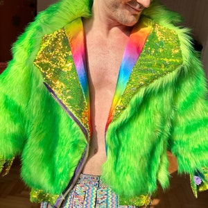 Burningman Fur, Sequin Fur Coat, Faux Fur Coat, Neon Fur Jacket, Burner Coat, Burningman Kimono, Burningman Jacket, Mens Festival Jacket
