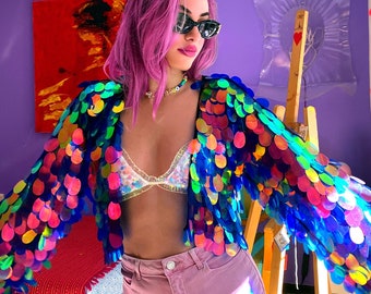 Holographic Rainbow Jacket Sequin Colorful Costume unicorn iridescentRave outfit party Music festival disco Tulum carnival mermaid fairy