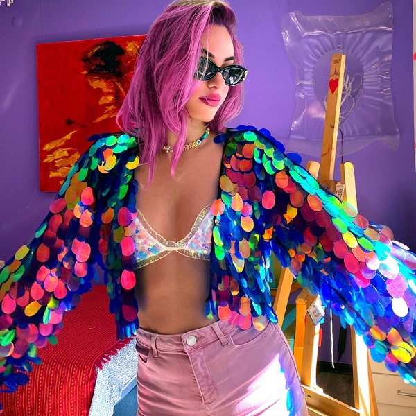 Holographic Rainbow Jacket Sequin Colorful Costume unicorn iridescentRave outfit party Music festival disco Tulum carnival mermaid fairy
