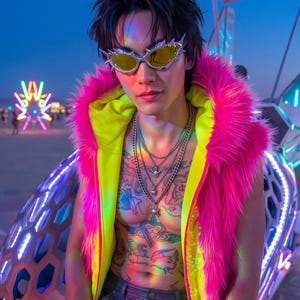Burningman Fur Vest, Burner Mens Vest, faux fur festival, warm rave coat, fur rave outfit, gay festival fashion, custommade costumes