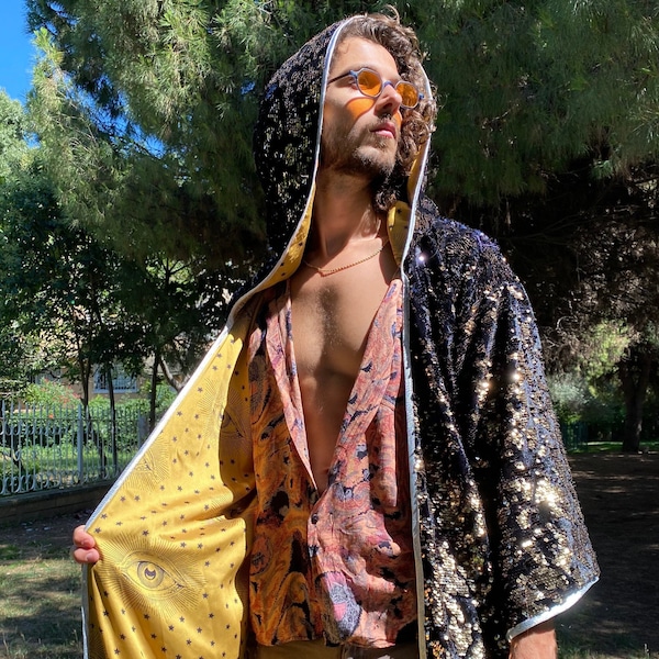 Rave Kimono, Herren Paillettenjacke, Pailletten Kimono, Burningman Outfit, Pailletten Haube, Star Robe, Pailletten Umhang, Samt Kimono, Festival Jacke, Eye