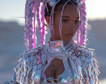 Silver Feather Goddess Outfit Halloween Costume Burningman Outfit Burner Rave Kimono Duster Classy Sequin Jacket Party Tinsel Robe Sword top